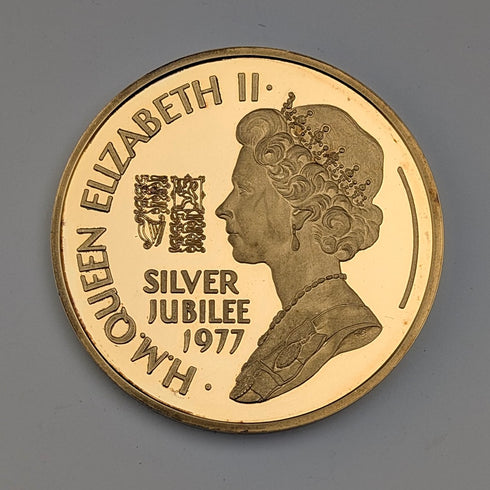 1977年  英国エリザベス2世女王 シルバージュビリー 純銀&金メッキメダル Birmingham&Mint ケーツ付